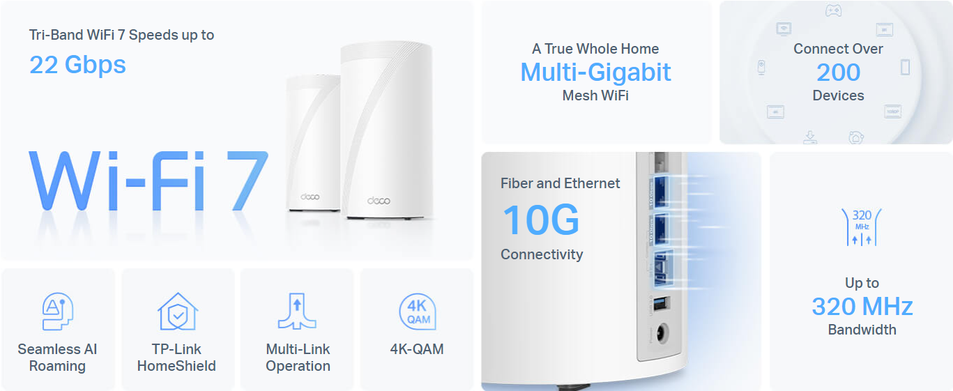 TP-Link Deco BE85(2-pack) BE22000 Whole Home Mesh Wi-Fi 7 System